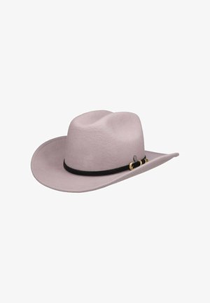 Light gray felt cowboy hat with a black braided band and gold buckle detail around the base of the crown.