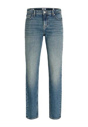 Jeans denim blu a gamba dritta con tasche anteriori e chiusura con bottone, con un lavaggio leggermente sbiadito.
