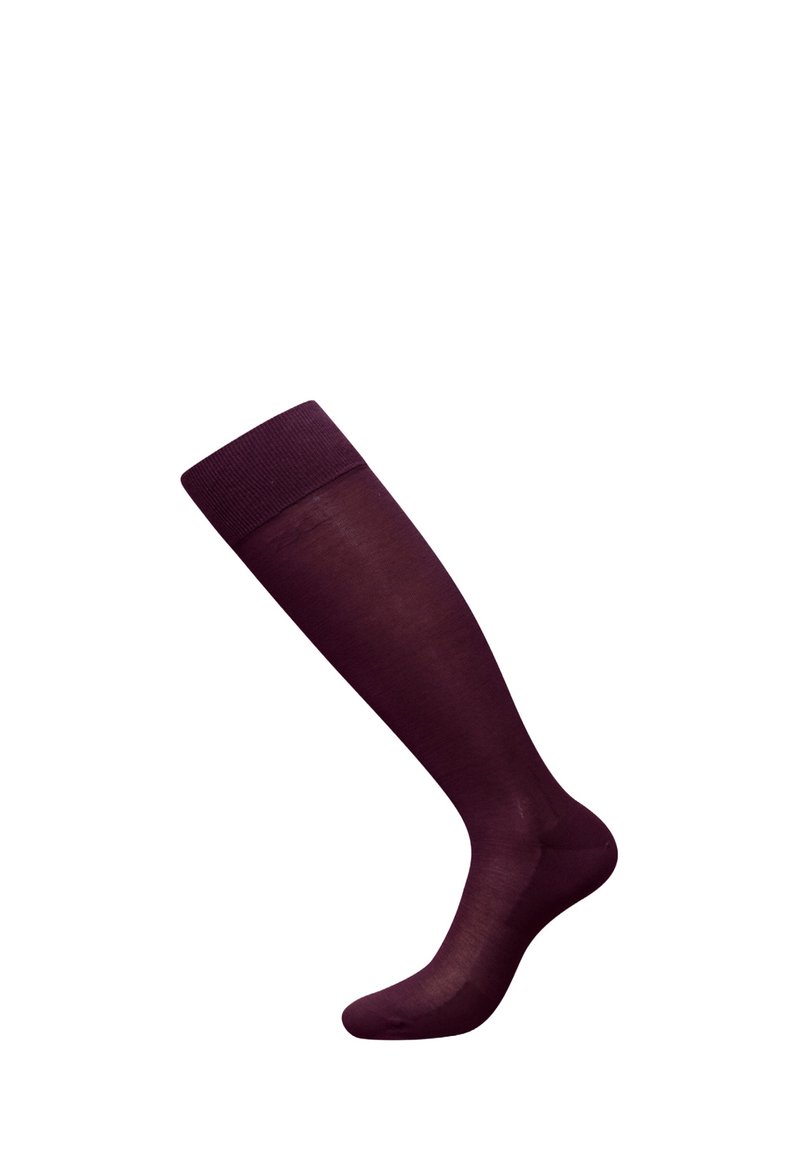 Calcetines hasta la rodilla fabricados con material de color púrpura oscuro, de textura suave, con una banda superior acanalada, diseñados en forma cónica.