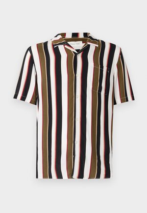Short-sleeve shirt in cotton with vertical stripes: black, white, olive green, and red. Includes a patch pocket and a pointed collar.
