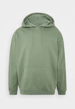 Green hooded sweatshirt made from soft cotton blend. Features a front pocket and ribbed cuffs; relaxed fit with a smooth texture.
