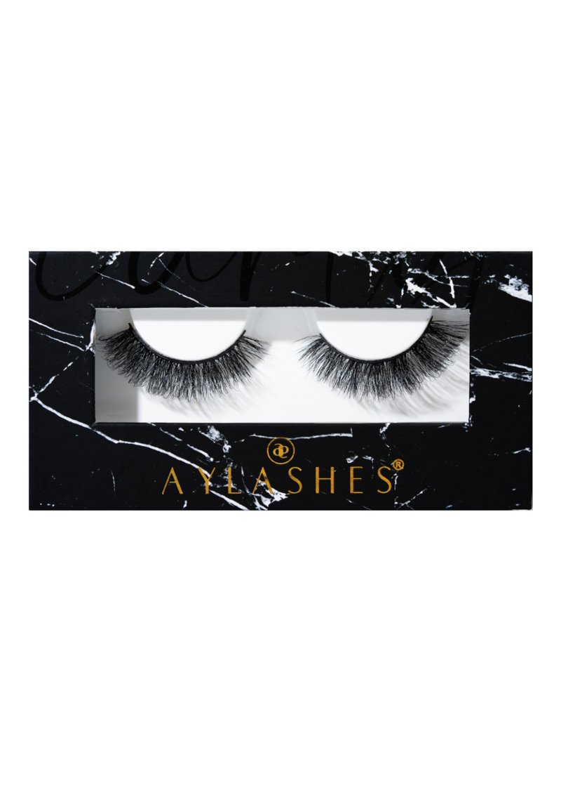 Black faux eyelashes displayed in a rectangular box with a marble pattern; clear window reveals two pairs of lashes with varying lengths and thickness.