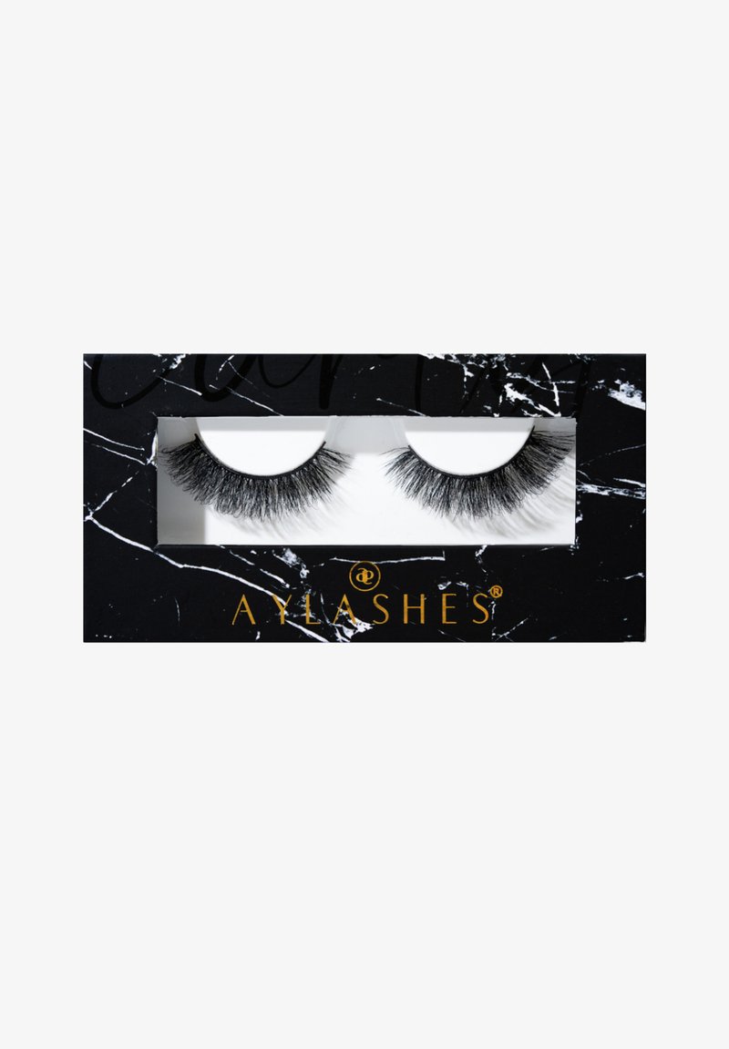 Schwarze künstliche Wimpern in einer rechteckigen Box mit Marmor-Muster; ein transparenter Fenster zeigt zwei Wimpernpärchen mit unterschiedlichen Längen und Stärken.