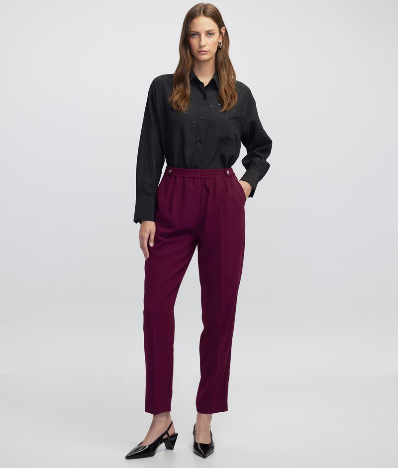 Camisa negra de botón con una textura sutil, combinada con pantalones burdeos ajustados y tacones negros puntiagudos, creando un look estilizado.