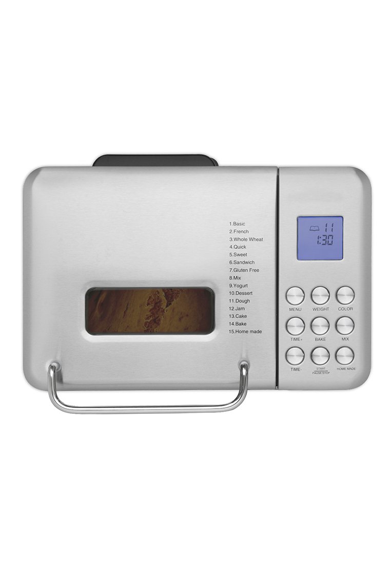 RVS broodmachine met een rechthoekige vorm, digitale display, bedieningsknoppen en een kijkvenster om de bakvoortgang te volgen.