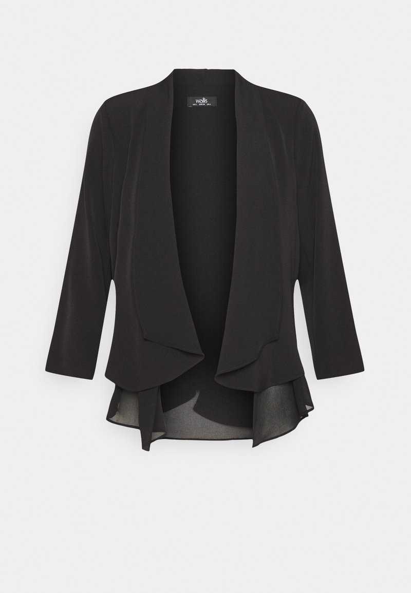 Veste noire pour femme à ouverture frontale, ourlet drapé en cascade et manches trois-quarts sur fond blanc.