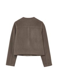 Giacca in suede marrone con taglio corto, linee pulite e un design semplice senza chiusure o decorazioni visibili.