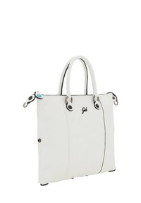 Sac fourre-tout en cuir blanc avec des accents noirs, double anses et détails en quincaillerie circulaire. Présente un design minimaliste avec une texture lisse.