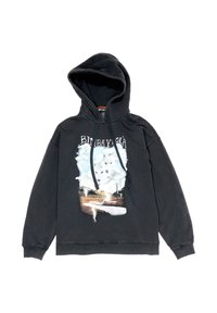 Czarna bluza z kapturem z nadrukiem przedstawiającym chmury i krajobraz, z kapturem na ściągacz oraz ściągaczami na rękawach i u dołu. Miękka w dotyku.