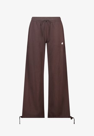 Brown wide-leg trousers made of soft fabric with an elastic waistband, drawstring ties at the ankles, and a small logo detail.