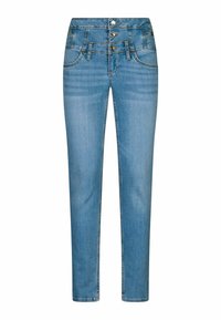 Lichtblauwe denim jeans met een hoge taille, vijf zakken en een sluiting met drie knopen. Heeft contrasterende stiksels en een rechte pijp.