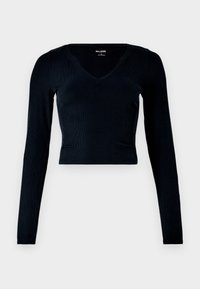 Ribbbed Seamless Fabric Notch-Neck Top - T-shirt à manches longues - casual black