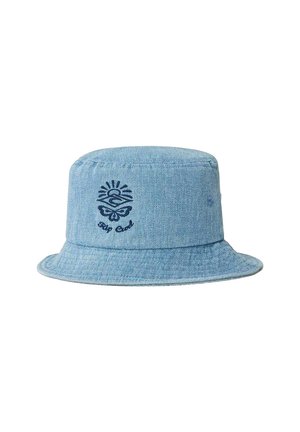 Lichtblauw denim bucket hat met een ronde kroon en een brede rand. Beschikt over een geborduurd ontwerp van een zon en een vlinder aan de voorkant.