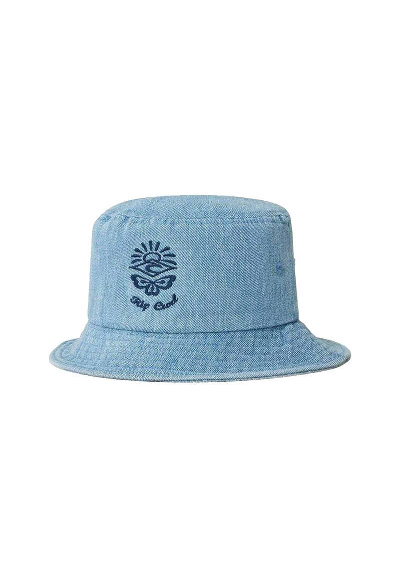 Jasnoniebieska czapka typu bucket z denimu, z okrągłą koroną i szerokim rondem. Posiada haftowany wzór słońca i motyla z przodu.