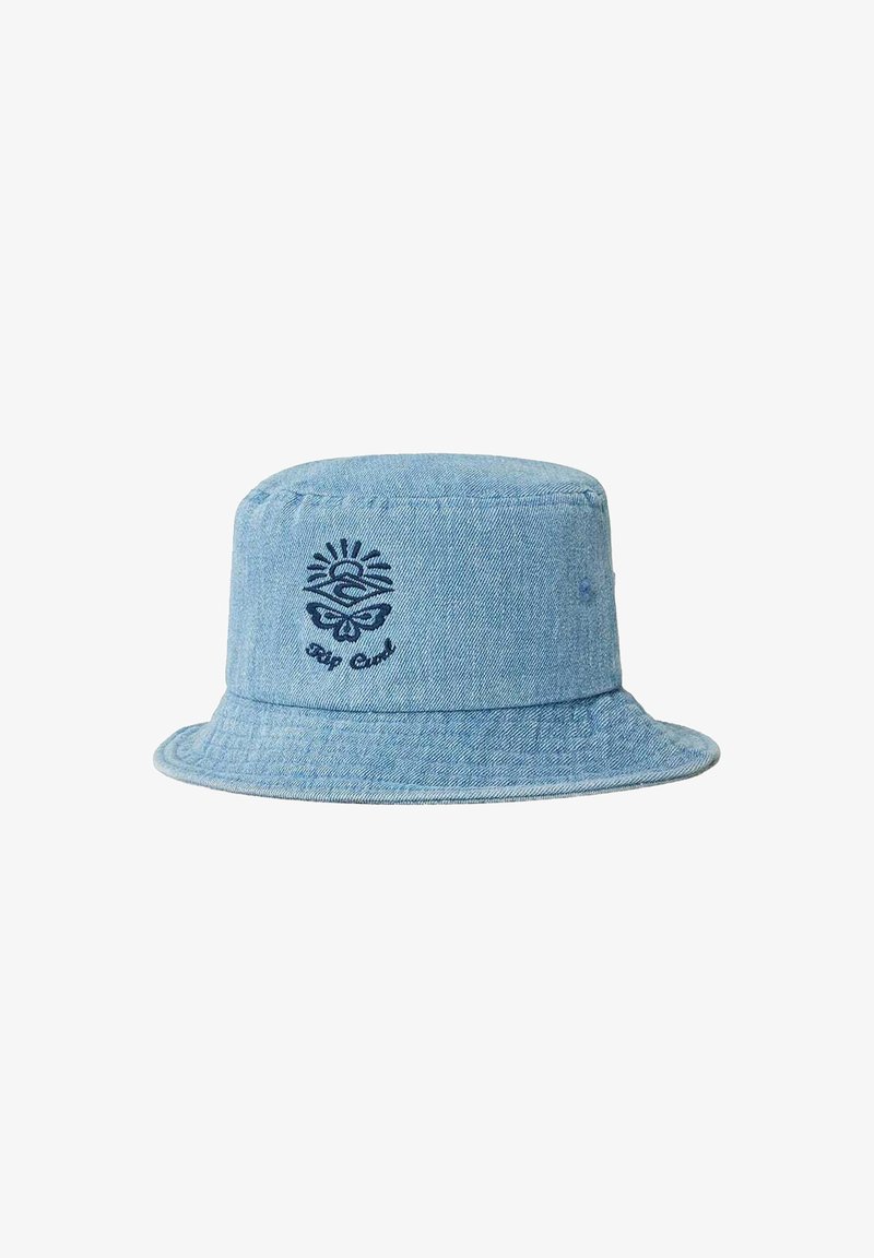 Cappello a secchiello blu chiaro in denim con corona rotonda e visiera ampia. Presenta un design ricamato di sole e farfalla sul fronte.