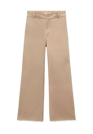 Beige leveled-jeggingsit, josta on purkautunut helma, valmistettu puuvillasta. Ominaisuuksiin kuuluu napitus ja vyölenkit, jotka tarjoavat väljää istuvuutta ja rentoa tyyliä.