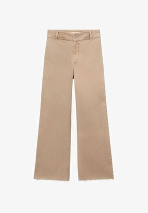 Beige wide-leg jeans with a frayed hem, made from cotton. Features a button closure and belt loops, offering a loose fit and casual style.