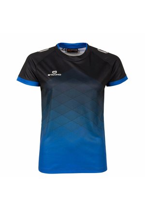 Maglia sportiva nera e blu a maniche corte con motivo a gradiente geometrico, scollo rotondo e logo Stanno sul petto e sulle spalle.