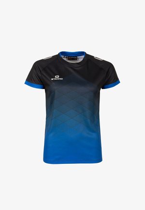 Zwart-blauw sportshirt met korte mouwen met een geometrisch verlooppatroon, ronde hals en Stanno-logo op borst en schouders.
