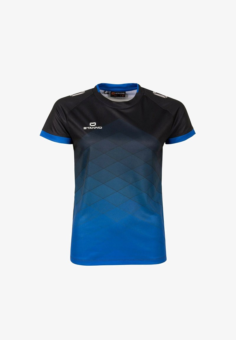 Maillot de sport noir et bleu à manches courtes avec motif dégradé géométrique, col rond et logo Stanno sur la poitrine et les épaules.