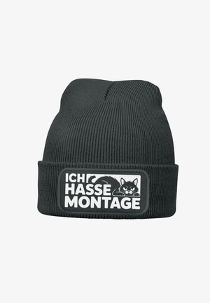 Black knitted beanie with ribbed texture. Features a patch with white text "ICH HASSE MONTAGE" and a black cat graphic.