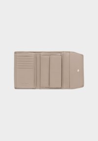 Beige leather wallet with multiple card slots, a small pocket, and a snap closure. Features smooth texture and minimalist design.