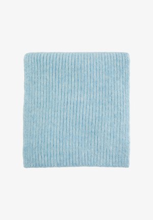 Light blue knitted scarf with ribbed texture. Soft wool material, rectangular shape, evenly spaced vertical ridges, no additional embellishments.