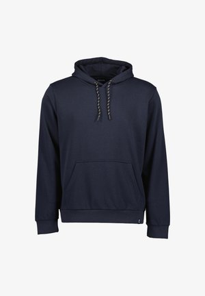 Granatowa bluza z kapturem wykonana z miękkiej tkaniny, z kieszenią na przodzie, kapturem ze sznurkiem i wzorzystymi akcentami oraz prążkowanymi mankietami i dołem.