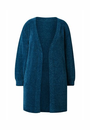 Cárdigan de punto de frente abierto en un color azul verdoso profundo. Presenta mangas largas con puños acanalados y un acabado suave y texturizado.