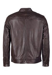 Brun läderjacka med en slät yta, tryckknappstängning och en klassisk krage. Utformad med en minimalistisk stil och sömlös rygg.