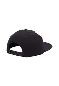Black snapback cap with a solid fabric design, a flat brim, and an adjustable strap at the back. Features a small logo tag near the closure.