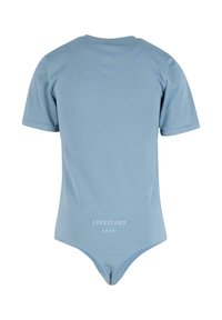 Svetlomodrý krátky rukáv body z hladkej látky s okrúhlym výstrihom a potlačeným logom na zadnej strane pri páse.