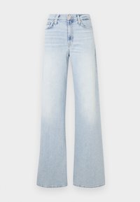 Svetlomodré široké rifle z denimu. Vysoký pás so zapínaním na gombíky a piatimi vreckami. Vypraný vzhľad s hladkou textúrou.