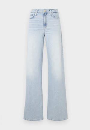 Gaiši zila plata stila džinsa bikses no džinsa materiāla. Ar augstu vidukli, aizdare ar pogu un piecām kabatām. Iedzeltena mazgāšana ar gludu tekstūru.