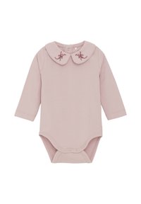 Lichtroze longsleeve bodysuit met een ronde kraag, versierd met bloemenborduursel. Drukknopen aan de onderzijde voor gemakkelijke kleden.