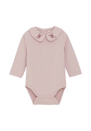 Bodysuit à manches longues rose pâle avec un col rond, orné de broderies florales. Fermetures à pression en bas pour un habillage facile.