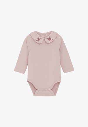 Lichtroze longsleeve bodysuit met een ronde kraag, versierd met bloemenborduursel. Drukknopen aan de onderzijde voor gemakkelijke kleden.