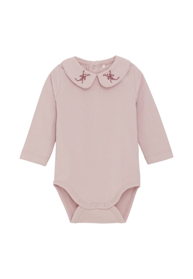 Lichtroze longsleeve bodysuit met een ronde kraag, versierd met bloemenborduursel. Drukknopen aan de onderzijde voor gemakkelijke kleden.