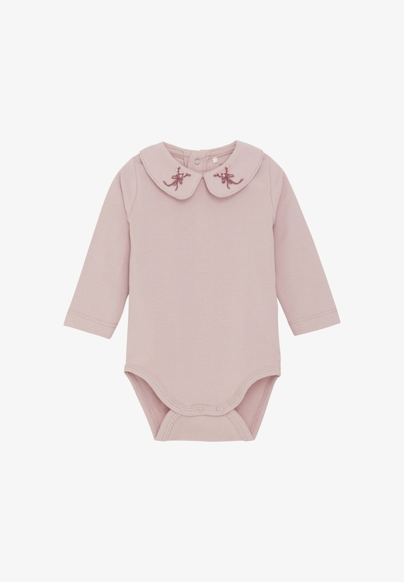 Bodysuit à manches longues rose pâle avec un col rond, orné de broderies florales. Fermetures à pression en bas pour un habillage facile.