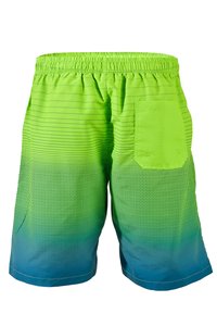 Groene zwembroek met een verloopontwerp dat overgaat in blauw, nettextuur, elastische tailleband en een zijzak met hardwaredetails.