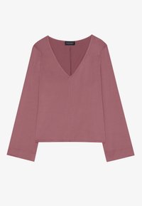 Top de manga larga con escote en V en color rosa empolvado, con un corte relajado, tejido suave y un dobladillo recto con detalles de costura mínimos.