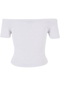 Haut blanc en maille côtelée, épaules dénudées, manches courtes et silhouette ajustée.