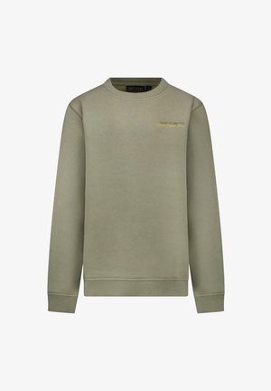 Olijfgroene sweatshirt van zacht materiaal, met lange mouwen, een ronde hals en geborduurde tekst "CHAMPS OF THE CITY" in het geel.