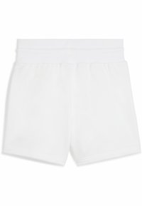 Pantaloni corti bianchi in cotone con elastico in vita, texture liscia e un design semplice e classico, senza ulteriori motivi o dettagli.