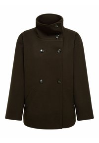 Abrigo de mezcla de lana marrón con cuello alto, frente cruzado y dos bolsillos laterales. Presenta botones negros y un corte relajado.
