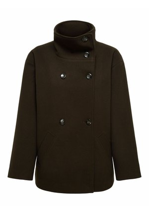 Bruin wollen blendjas met een hoge kraag, dubbelzijdige knopen en twee zijzakken. Voorzien van zwarte knopen en een relaxte pasvorm.
