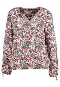 Blusa de manga larga con estampado floral de flores en tonos rosa, rojo, blanco y verde sobre un fondo gris, que cuenta con un escote en V y puños fruncidos.