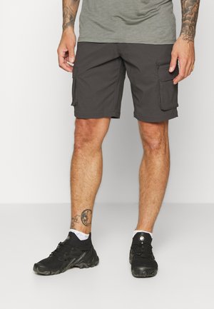 Dunkelgraue Cargo-Shorts für Herren mit seitlichen Taschen und einer lockeren Passform, aus leichtem Material, kombiniert mit schwarzen Sportschuhen.