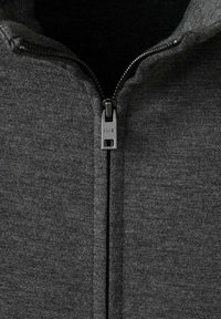 Gray zip-up hoodie featuring a smooth texture, high collar, and a metal zipper with branding. The fabric is soft and slightly stretchy.