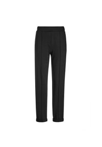 Zwarte, taps toelopende broek met een gladde textuur, voorzien van een rekbare tailleband en opgerolde manchetten. Twee voornaden voegen detail toe langs de lengte.